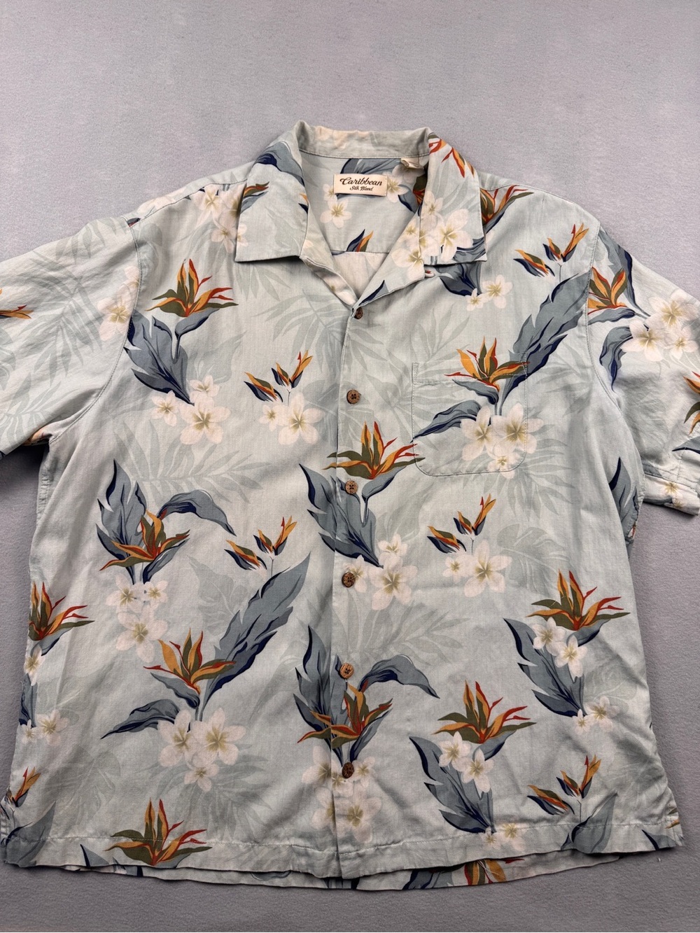 Caribbean Shirt Mens XL Silk Blend Hawaiian Short Sleeve Birds Paradise Floral